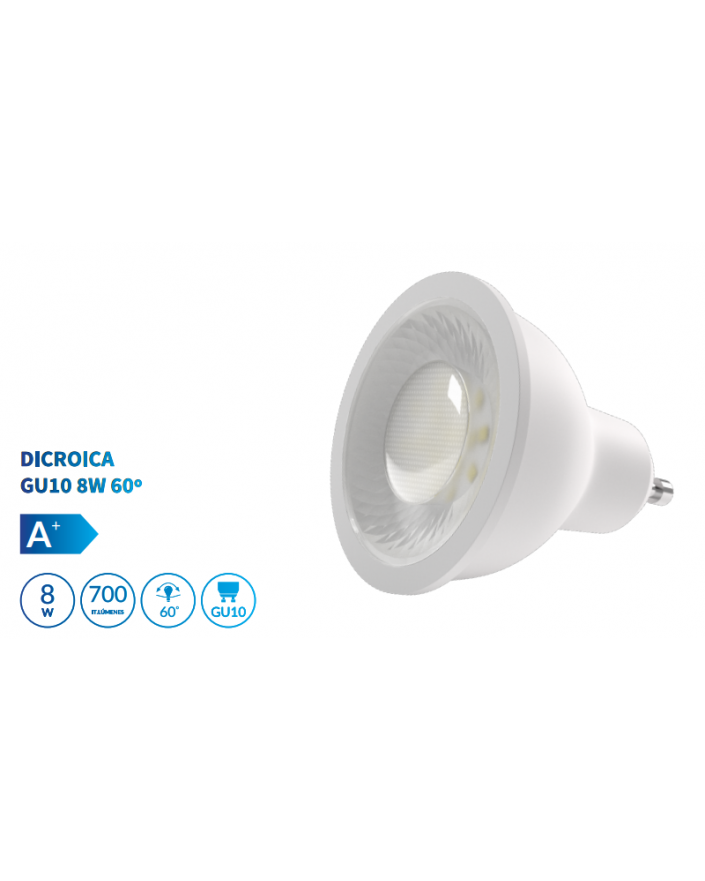 Bombilla dicroica LED SMD 8W casquillo GU10 luz cálida